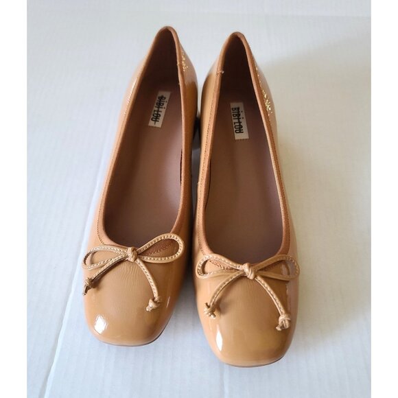 Anthropologie Bibi Lou Heeled Ballet Pumps Patent Leather Shoes Bow EU 39 Camel - Picture 2 of 9